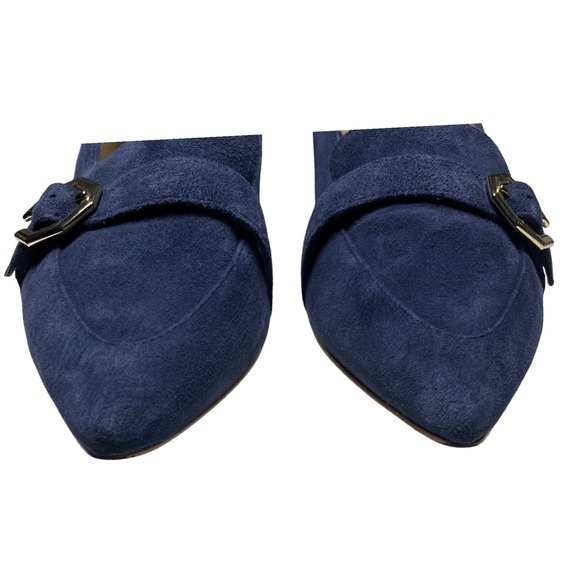 Cole Haan Blue Suede Loafers 9.5B Gold Buckle Quiet Luxury Chic‎ - Picture 2 of 12